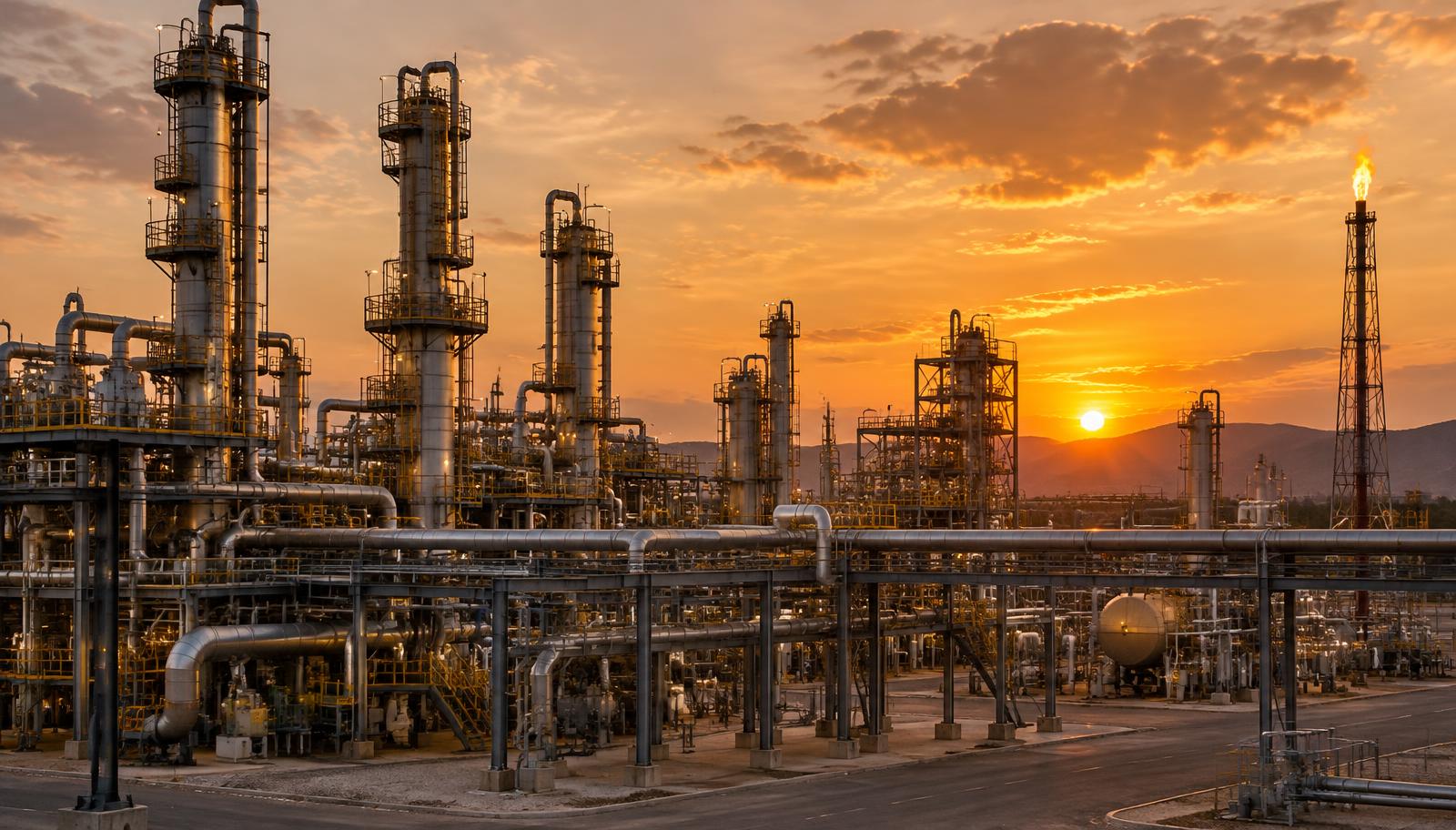 Gas processing plant with distillation towers, pipework and a flare stack at dusk